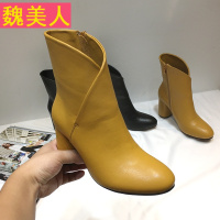 短靴春秋女2017新款复古百搭粗跟中筒高跟裸色靴子女马丁靴单靴女