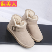 韩版皮带扣牛皮雪地靴女短筒可爱圆头女靴子加绒保暖及踝棉鞋加厚
