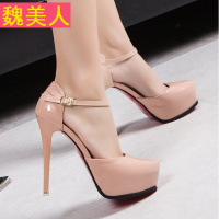 2018新款尖头一字搭扣超高跟细跟厚底防水台单鞋中空性感高跟鞋女