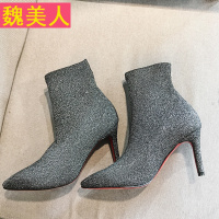 尖头小短靴女靴子春秋季2017新款百搭韩版弹力袜靴细跟高跟单靴潮