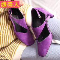 2018春季新款真皮欧美街头方头一字带侧镂空搭扣粗跟高跟单鞋潮