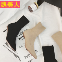 尖头高跟短靴女2017新款欧美针织袜靴显瘦弹力靴秋季细跟女靴子黑