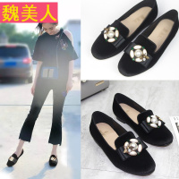 幂同款小蜜蜂钻石珍珠搭扣韩版甜美风乐福鞋圆头韩国绒平底鞋女