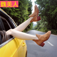 V口短靴女2018新款真皮尖头鞋粗跟春秋及裸靴高跟靴子棕色马丁靴