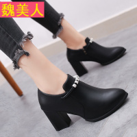 尖头裸靴短靴春秋女粗跟2017新款 百搭高跟马丁靴英伦短靴及踝靴