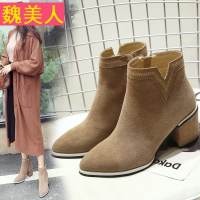 短靴女粗跟时尚拼色马丁靴中跟v口及裸靴高跟尖头单靴防滑皮鞋女