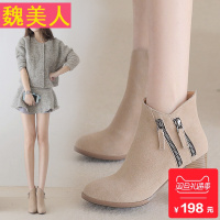 短靴女春秋单靴尖头粗跟马丁靴踝靴英伦风高跟秋季靴子真皮及裸靴