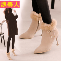 尖头短靴马丁靴女2017新款小跟短靴女细跟百搭韩版高跟兔毛猫跟靴