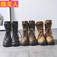 欧美复古英伦圆头厚底复古中筒马丁靴中跟平底百搭休闲机车短靴女