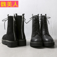 欧美后拉链系带原宿厚底松糕复古马丁靴女平底短靴英伦机车鞋