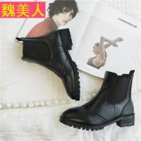 2017韩版粗跟短靴女布洛克平底短靴女粗跟马丁靴圆头平跟短靴女