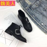 2017韩版粗跟平底短靴女方扣平跟短靴风粗跟裸靴女及马丁靴潮