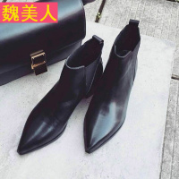 2017欧美粗跟真皮短靴女及裸靴女马丁靴短筒粗跟尖头短靴女单靴潮
