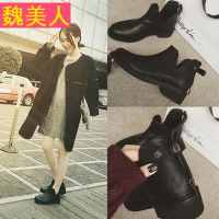 2017欧美粗跟平底短靴女真皮v口平底裸靴圆头马丁靴后拉链短靴女