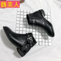2017欧美粗跟短靴女皮带金属扣马丁靴圆头粗跟平跟短靴女裸靴单靴