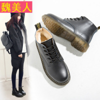 原宿学生加绒马丁短筒女靴 复古圆头平底短靴系带马丁靴黑色