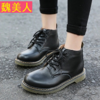 原宿学生春秋马丁短筒女靴 复古圆头平底短靴系带马丁靴黑色