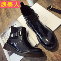 林姗姗同款厚底马丁靴女黑色皮扣短靴复古铆钉漆皮牛筋机车靴