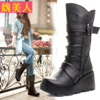 2018春季新款靴子女厚底松糕底牛皮高坡跟皮带扣高中筒骑士靴圆头
