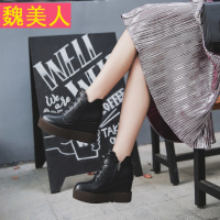 2018黑色百搭系带女短靴 松糕厚底靴舒适内增高靴子8.5cm