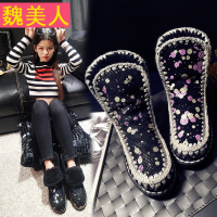 羊皮毛一体印花雪地靴 加毛厚底真皮女短靴大码棉鞋40-42