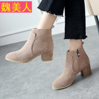 短靴 女高跟粗跟真皮女靴 2017秋尖头韩版单靴侧拉链裸靴