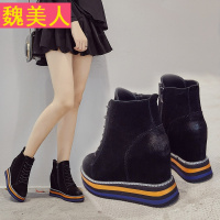 内增高厚底短靴女2017秋季新款韩版真皮系带百搭坡跟女鞋马丁女靴