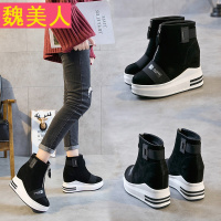 春新款休闲内增高厚底短靴女皮面前拉链韩版松糕鞋百搭高跟女鞋潮