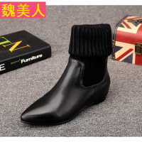 2017新款尖头中筒半膝靴尖头平跟高袜子鞋套筒毛线女靴