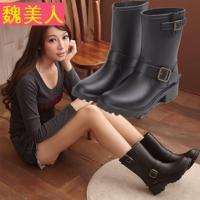 欧美时尚女士朋克风中筒雨鞋 搭扣马丁短靴雨靴机车靴水鞋 可保暖