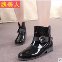 韩国时尚短筒女士雨鞋搭扣短款英伦风平跟防滑系带雨靴低帮胶鞋