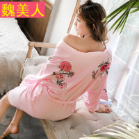 性感睡袍睡衣女夏季纯棉短袖宽松大码刺绣牡丹花短睡裙浴袍家居服