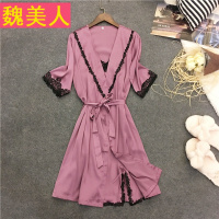 2018新品夏季性感丝质吊带睡裙睡袍两件套女中袖睡衣真丝家居服