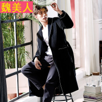 春秋季男士睡袍长袖中长款黑色春季男款浴袍浴衣可外穿家居服