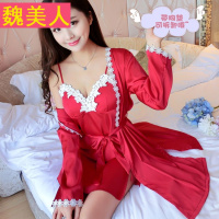 春秋季韩版长袖性感丝绸睡衣女套装吊带睡裙诱惑睡袍两件套带胸垫