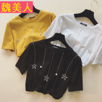 短袖体恤上衣女春装2018新款韩版宽松纯色圆领钉珠T恤套头打底衫
