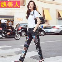 2018新款迪丽热巴明星同款韩版星空卡通小狗刺绣印花毛边牛仔裤女