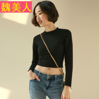 性感上衣棉短款露脐T恤女长袖紧身高腰韩国黑色漏脐打底衫秋外穿