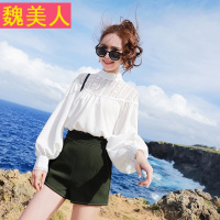 小衫女2018新款春装韩版宽松半高领蕾丝肩泡泡袖套头雪纺衫上衣女