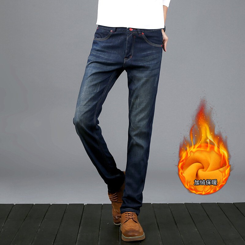 秋冬新款加绒加厚直筒修身保暖长裤青年时尚韩版男式牛仔裤男裤子蓝色