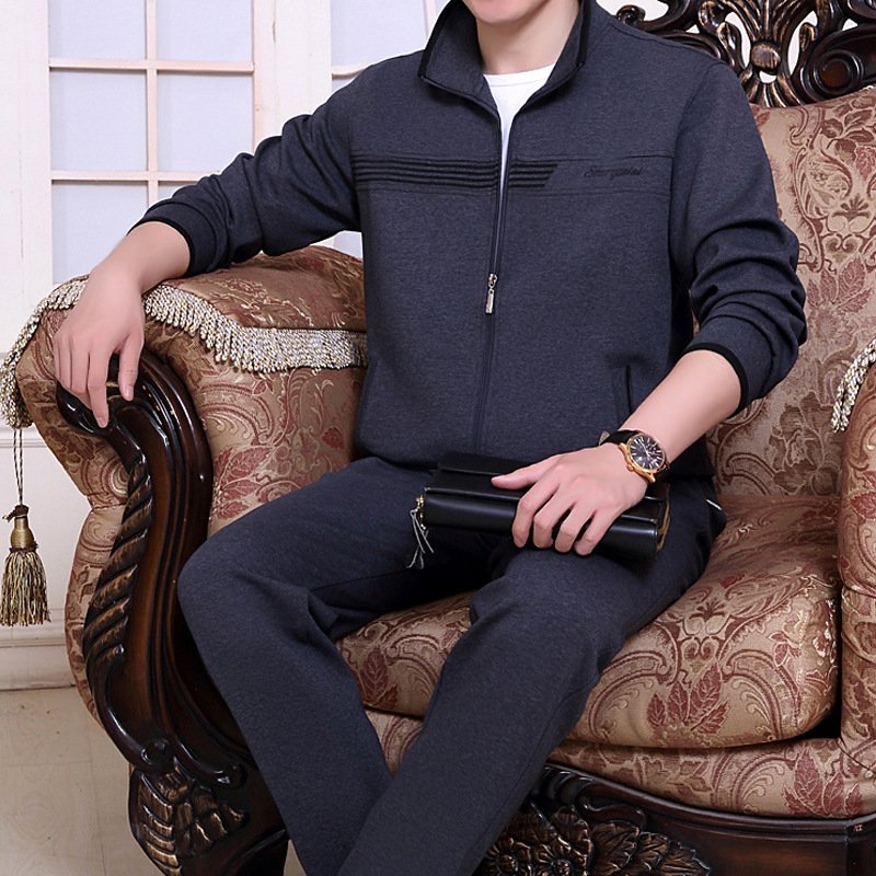 春秋季中老年男士爸爸装长袖开衫款棉加大码外套跑步运动服套装男