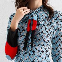 欧美季新款重磅真丝印花度假蝴蝶结飘带长袖百褶温柔连衣裙