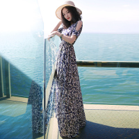 夏季新款女装大码露肩短袖雪纺连衣裙波西米亚长裙海边度假沙滩裙蓝底樱花