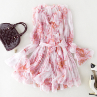 欧美高端新款荷叶袖性感蕾丝边长袖真丝公主连衣裙裤