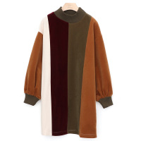 秋冬新款长袖灯笼袖撞色条纹卫衣连衣裙精品女装红绿色均码