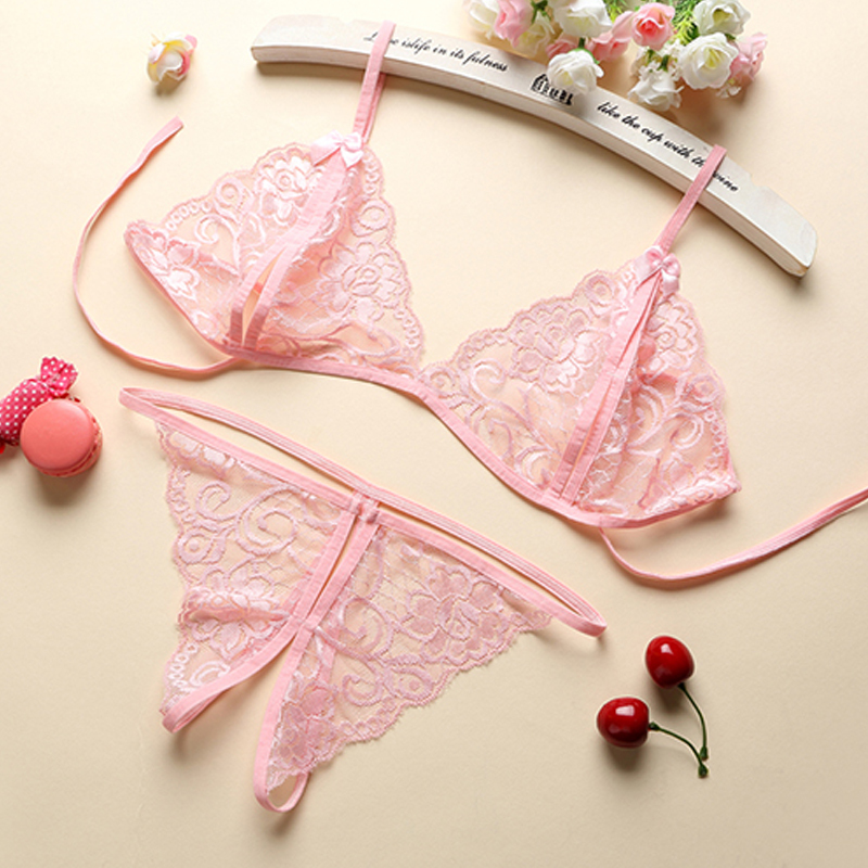 开档露乳透视蕾丝情趣内衣比基尼三点式女sm骚制服激情诱惑套装粉色