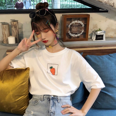 [莎洛仙]慵懒风白色短袖T恤女学生韩版宽松新款夏季女装半袖上衣ins潮