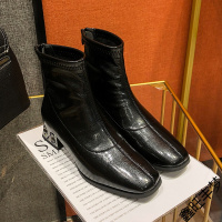 品牌2020冬新款时尚水钻粗跟方头短靴女网红瘦瘦靴百搭加绒棉靴弹力靴