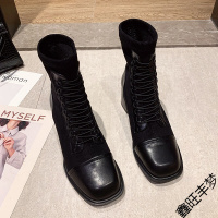 品牌2020冬新款网红瘦瘦靴复古粗跟方头短靴女百搭加绒棉靴高跟弹力靴