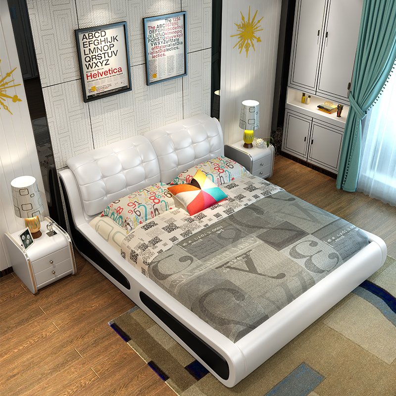 法派克 真皮床1.8双人床现代简约婚床1.5单人床软包床软床气动储物床